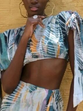 Andrea Iyamah Teal, Mustard & Pink Abstract Tie-Shoulder Crop Top